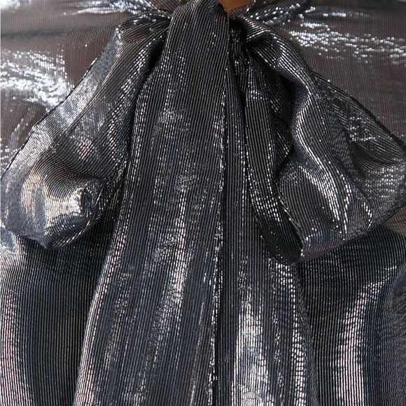 SAINT Laurent YSL Bow Neck Tie Metallic Silk Silver Collared Blouse Top Size 6 - Picture 10 of 14